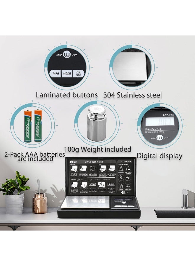 Weigh Gram 200g Digital Pocket Gram Scale 0.01g Accuracy, 200g x 0.01g Mini Digital Grams Scale, Small Food Scale, Jewelry Scale, Ounces Grains Scale With100g Calibration Weight - Image 3